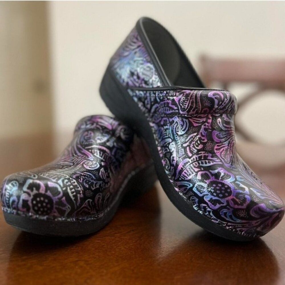 Dansko XP Professional Rainbow Black Tooled Floral Leather Stapled Slip-on Clogs
